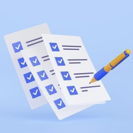 3D illustration of pen putting blue ticks on checklist papers. Election voting, successful fulfillment of business tasks, action plan for effective time management, quality control assessment form